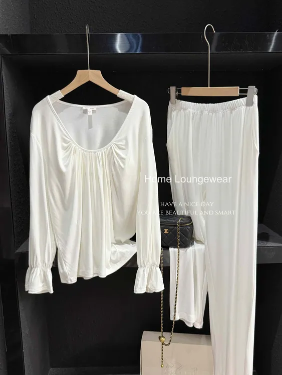 睡衣女长袖长裤春秋季莫代尔家居服设计高级感可外穿套装带胸垫