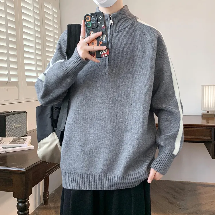 秋冬款立领半拉炼毛衣男孩青少年学生保暖线衣大童冬装针织打底衫