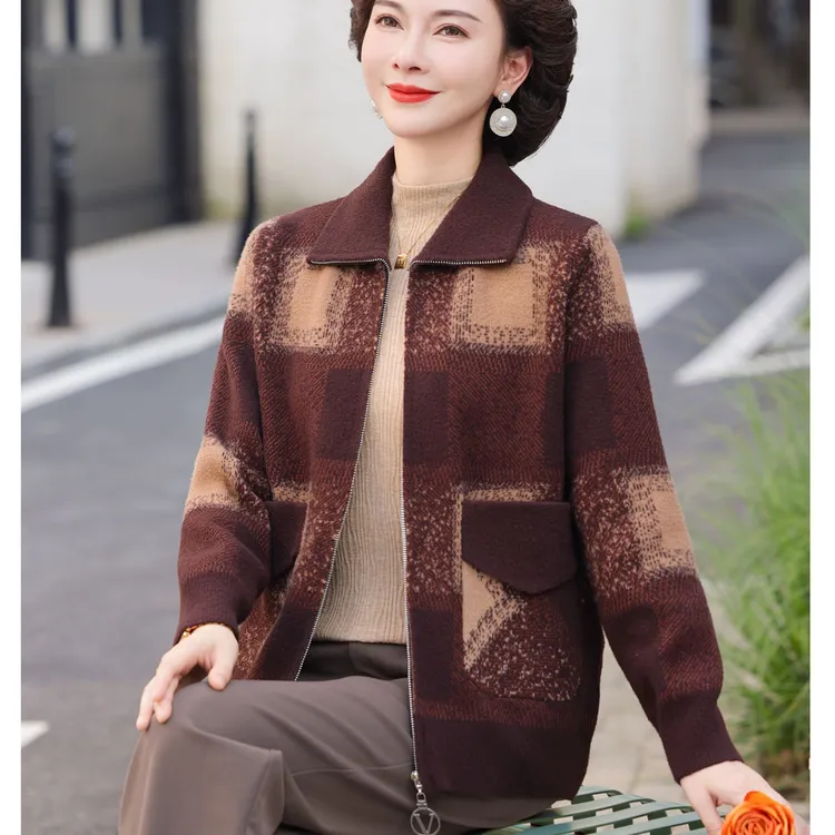 妈妈装秋冬季毛呢开衫外套2024新款中老年女洋气呢子短款大衣女装