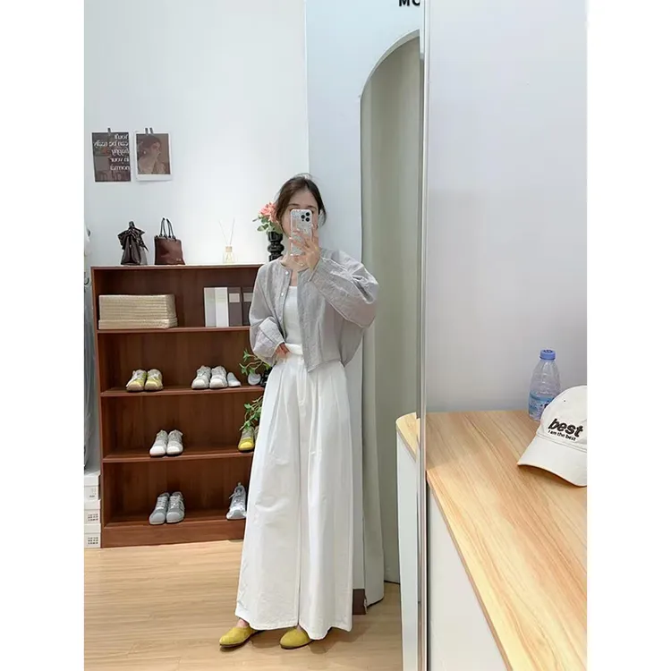 INS CEC韩系简约防晒开衫内搭白色吊带高腰显瘦休闲阔腿裤套装