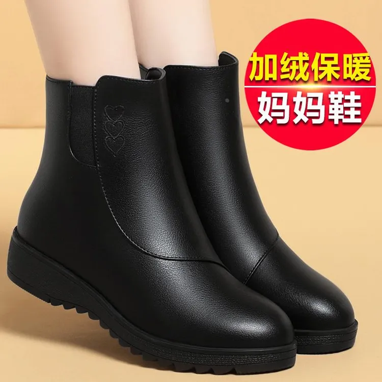 女款女士靴子女冬季跟真皮棉鞋加绒软底防滑棉靴中老年女士鞋新款