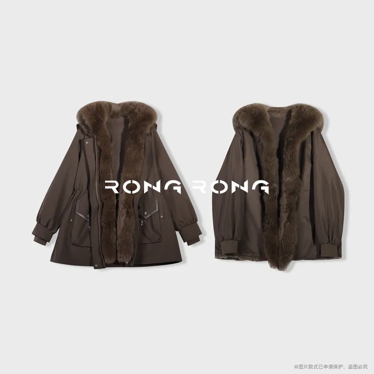 溶溶【冰川雪羽】RONGRONG 狐狸毛领拼接獭兔毛内里锁温派克服F214