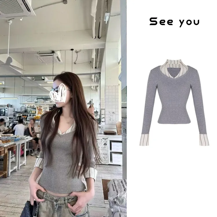 早秋时尚新款假两件v领中袖针织衬衫高智感百搭休闲气质上衣A1525