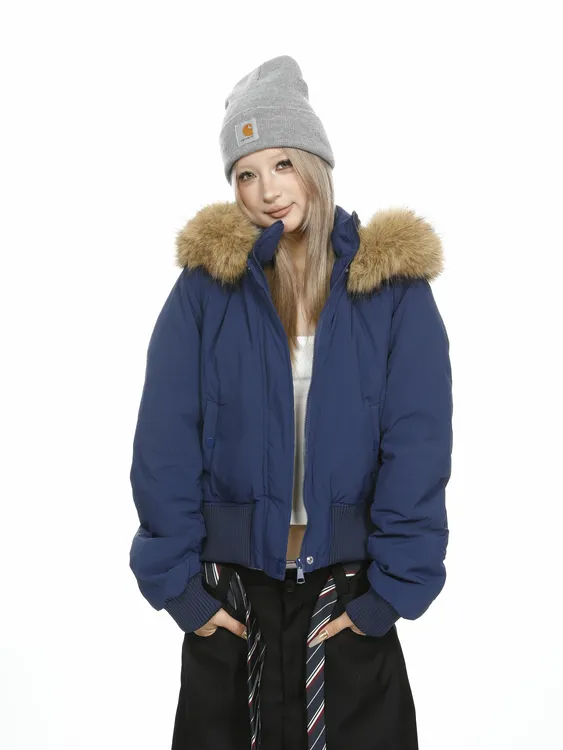 ANSCHALT美式短款连帽开衫棉服冬季新款毛领宽松休闲棉衣外套女