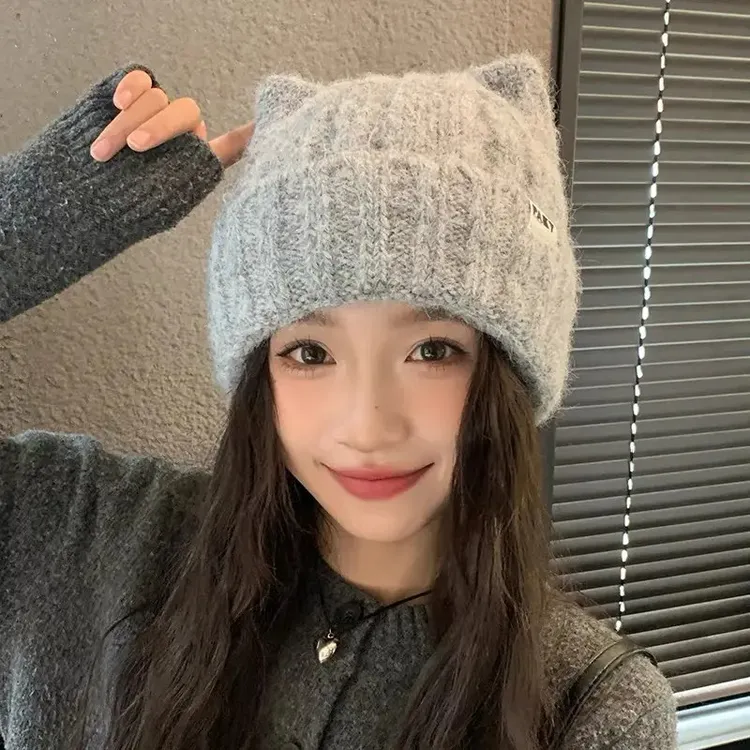日系猫耳朵帽子百搭冬天女可爱针织毛线帽保暖护耳包头帽冷帽加厚
