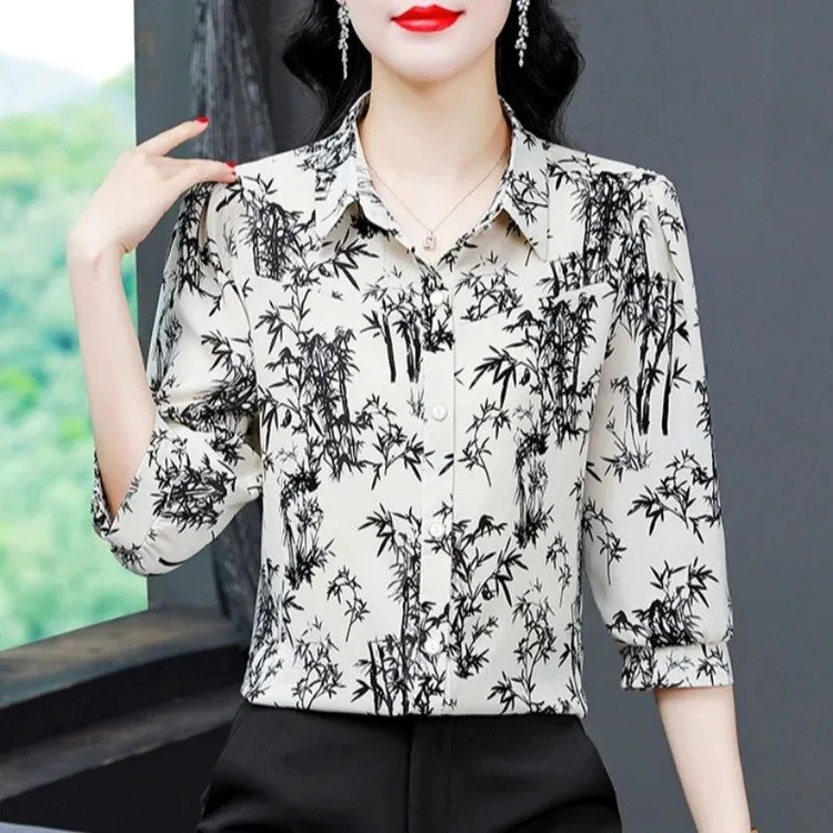 中年妈妈夏装翻领碎花七分袖雪纺衬衫女夏季开衫中袖衬衣减龄上衣