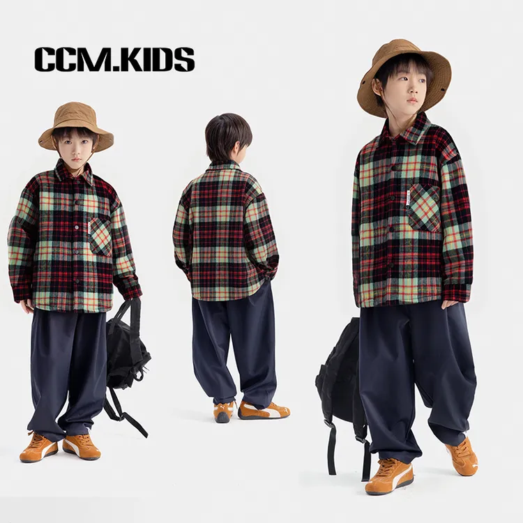 【朝气蓬勃】现货男童冬款磨毛中大童洋气格纹长袖加厚外套Y561153