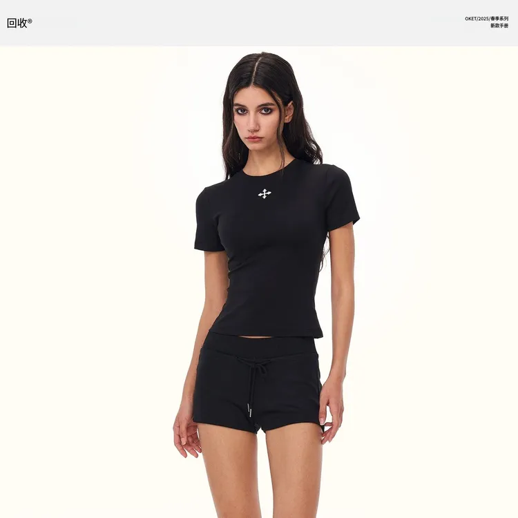 RECOLETA美式复古辣妹十字修身短袖T恤女短款纯欲显瘦女装上衣夏