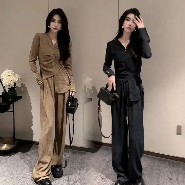 2024秋季网红新款系带时尚套装女不规则气质上衣高级感阔腿裤两件