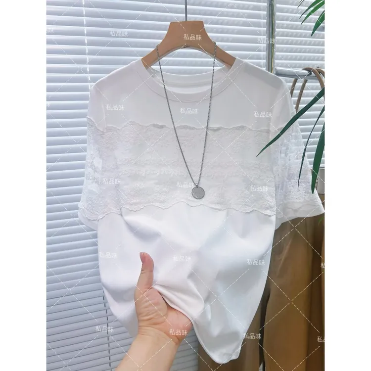 私品味夏季蕾丝短袖气质上衣镂空白色2025流行短袖女款t恤SS8901