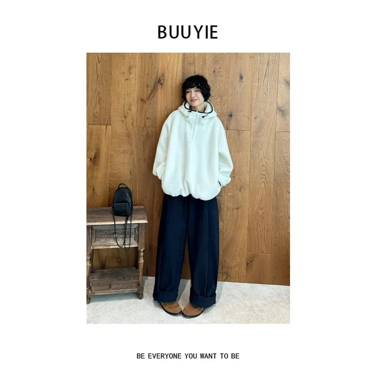 BUUYIE【雪栗】美利奴羊毛卫衣女新款冬季慵懒风连帽年货251392