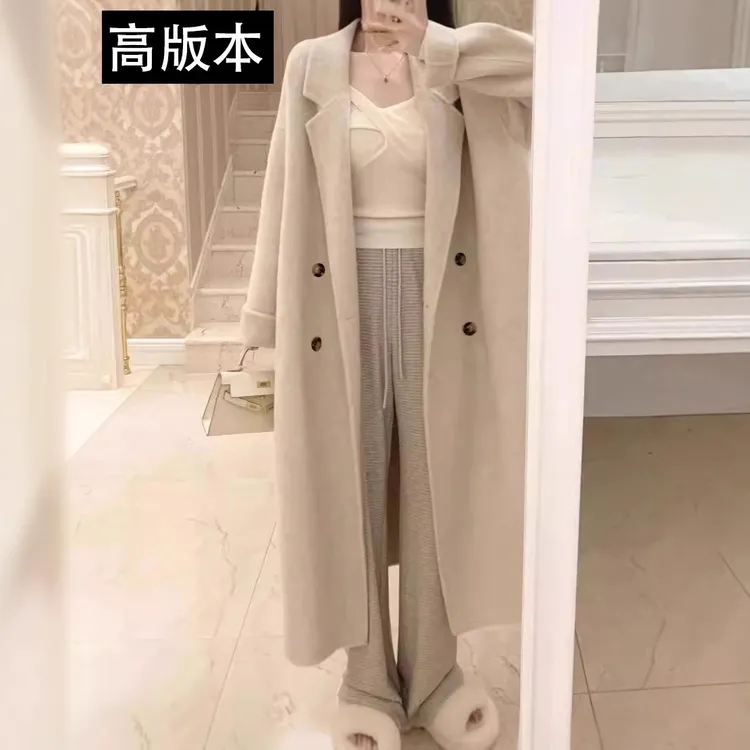 高版大也池秋冬驼绒女外套毛呢中长款慵懒米白色双面羊绒羊毛大衣
