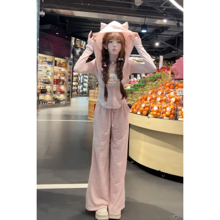 猫耳朵条纹可外穿家居服睡衣女款春秋季2025新款修身长袖长裤套装