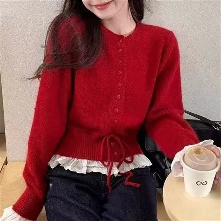 红色蕾丝拼接毛衣女长袖圆领上衣针织衫毛衣毛针织衫时尚百搭秋冬
