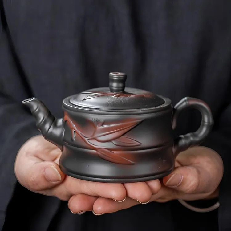 原矿紫陶壶大师手工雕花竹节壶家用大容量茶壶高档球孔过滤凤鸣壶