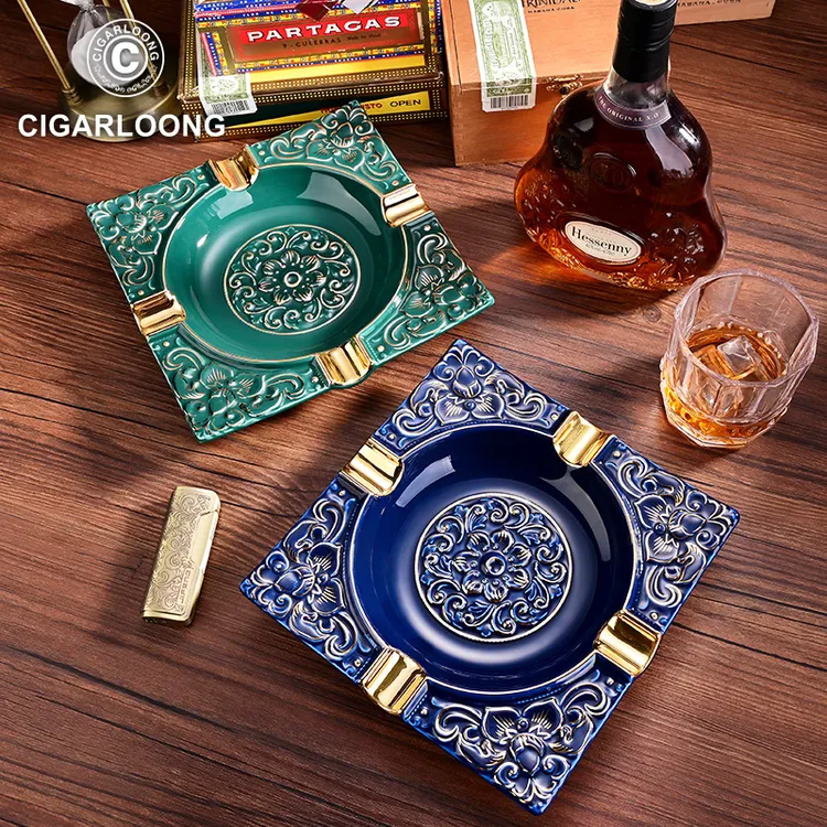 CIGARLOONG茄龍雪茄烟灰缸四方大口径烟槽陶瓷烟缸CL-20008-BL