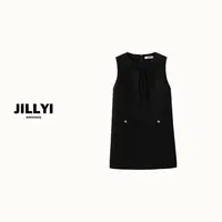 jillyi【浪漫学院】黑色领口蝴蝶结绑带无袖简约连衣裙纯色百搭