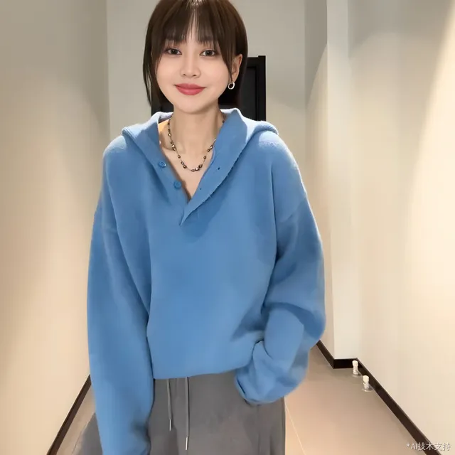 大码蓝色连帽针织毛衣女卫衣早秋新款胖mm宽松显瘦内搭打底衫上衣