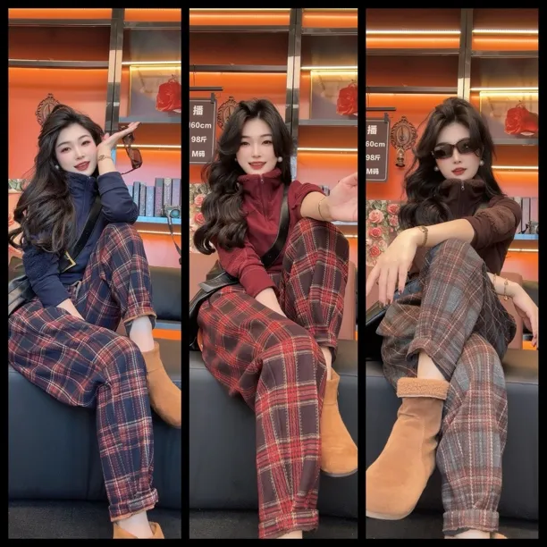 【芳雅】加绒加厚欧韩版复古简约百搭格子毛呢显瘦哈伦九分裤25501