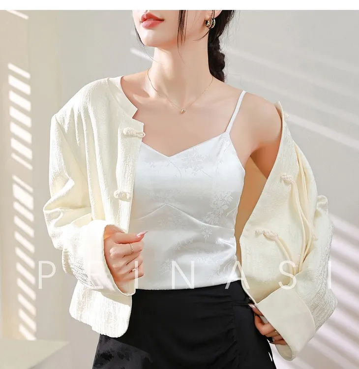 法式提花缎面吊带背心新中式上衣背带胸垫短款打底抹胸美上衣小众