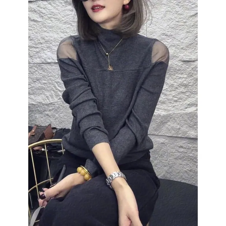 欧货大牌灰色网纱拼接高领针织打底衫2025秋镂空设计长袖上衣女