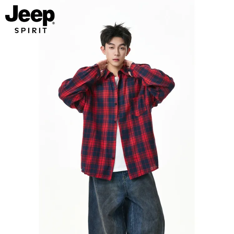 JEEPSPIRIT美式经典格纹长袖衬衫男女秋复古宽松衬衣情侣休闲外套