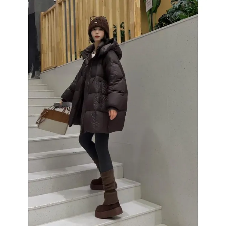 咖色羽绒服女中长款小个子中款2025新款冬季宽松加厚90白鸭绒外套