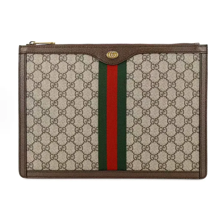 99新 GUCCI/古驰 Ophidia老花Logo条纹织带乌木色手拿包
