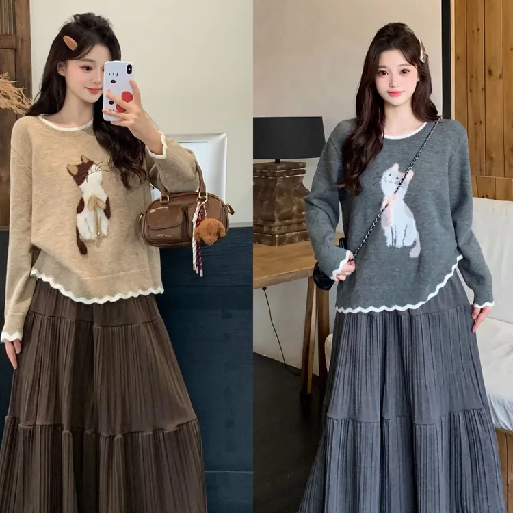 2025秋冬胖mm大码女甜美慵懒风绣花小猫软糯毛织长袖上衣72101