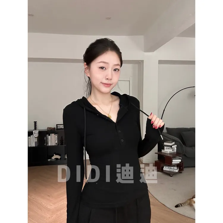 【DIDI】美式辣妹半开领连帽长袖t恤装秋季修身显身材卫衣收腰上衣