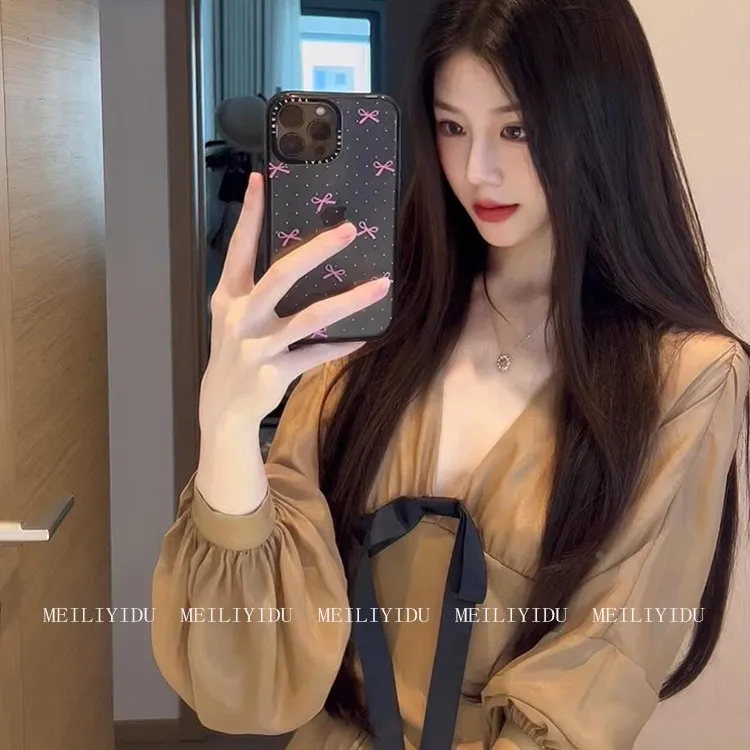 MLYD/定制 大码法式复古棕色V领长袖连衣裙露背打揽收腰显瘦A字裙