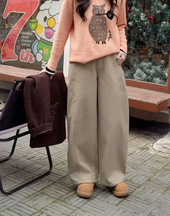 福利款不退换~棉质加绒加厚宽松百搭弯刀裤P25113