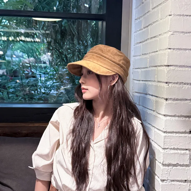 麂皮绒捏褶平顶马术帽秋冬复古显脸小高质感百搭