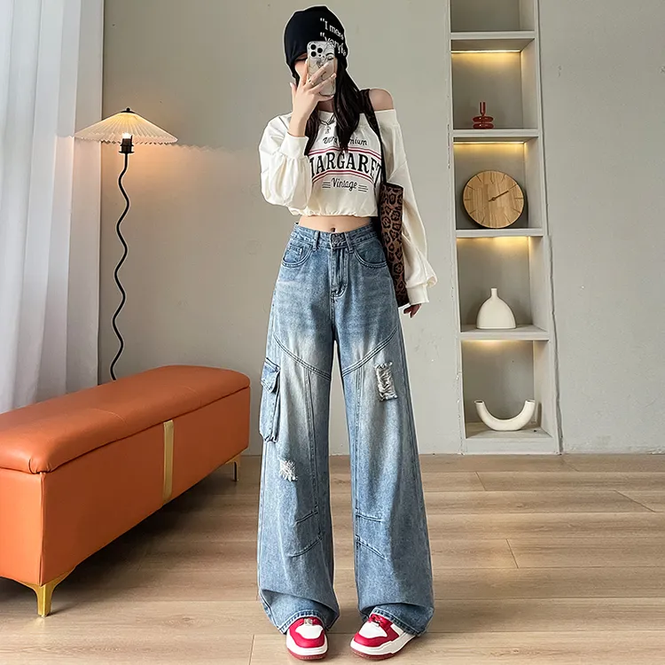 喜绚美式重工多口袋工装牛仔裤女春夏季2025新款高腰宽松直筒裤子