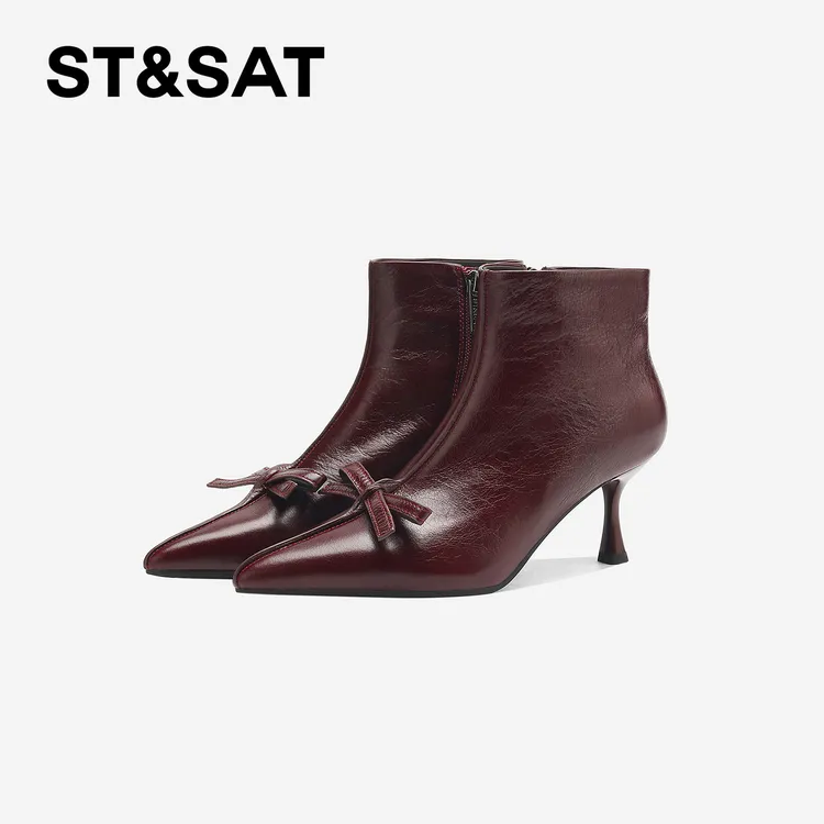 St&Sat/星期六气质中跟时装百搭秋冬法式尖头瘦瘦靴星期六堆堆靴