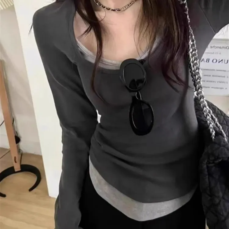 撞色假两件大领口U领长袖T恤女秋新款正肩打底衫弧摆不规则上衣