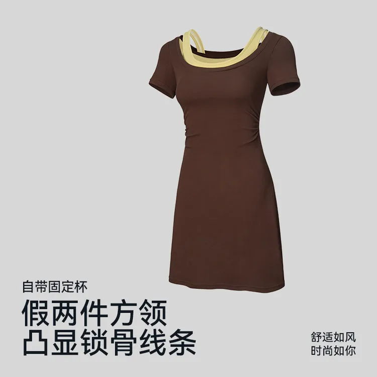 运动连衣裙休闲裙子防走光夏季收腰长裙运动风女短袖连衣裙5575