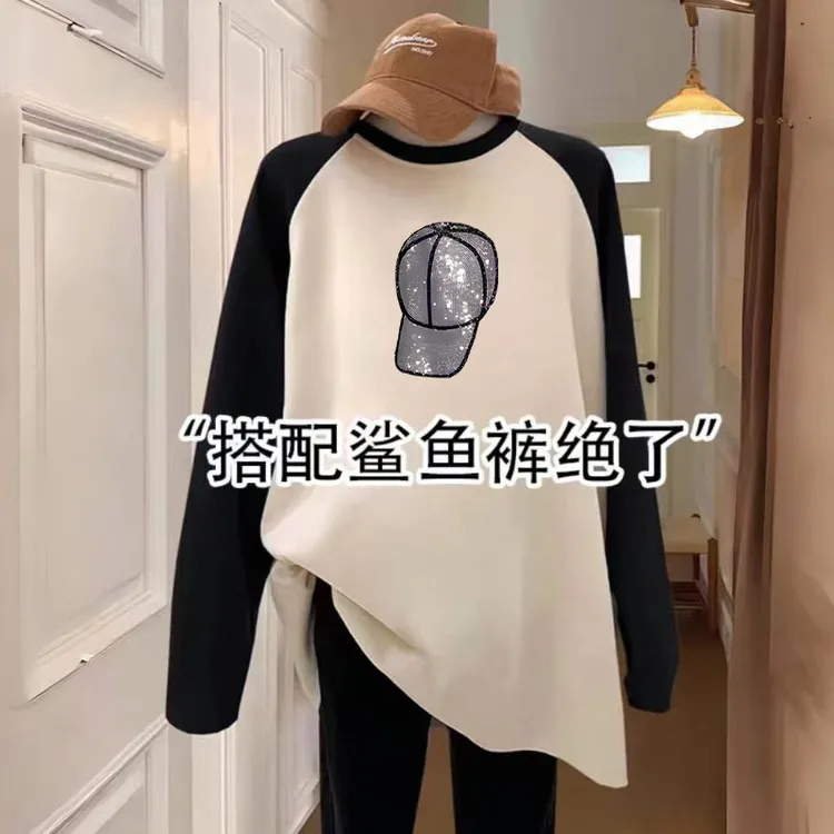 欧版春秋长袖中长款纯棉t恤女遮屁股大码宽松印花遮肉上衣打底衫