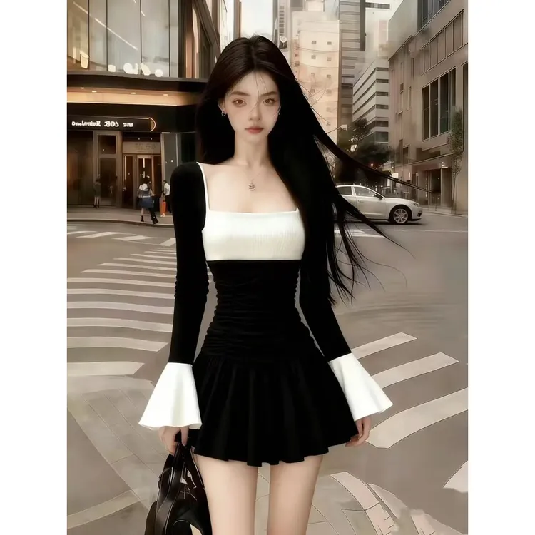 轻奢优雅少女感千金风黑白撞色方领长袖收腰气质显瘦氛围感连衣裙