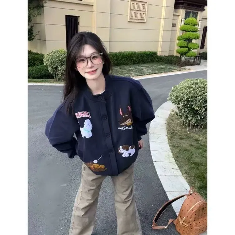 黎帮主韩系小狗刺绣开衫卫衣女2025新款秋季宽松休闲夹克百搭外套
