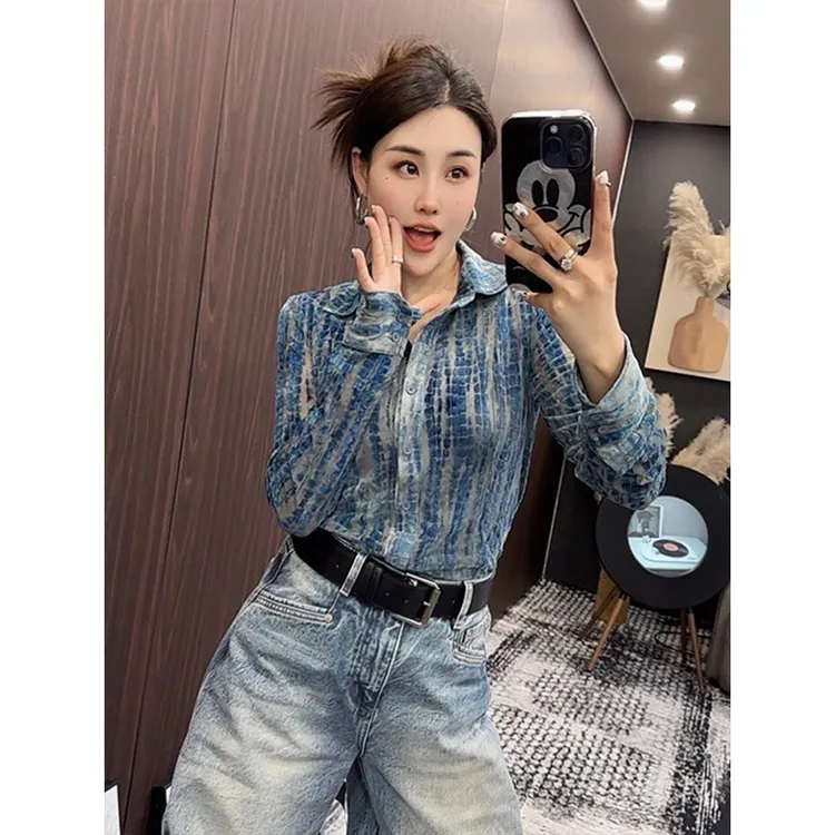 欧洲站2025秋季新款高级感蓝色POLO领衬衫女显瘦百搭植绒长袖上衣