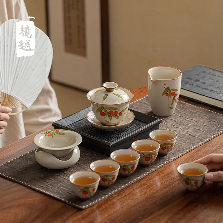 手绘柿子功夫茶具套装家用办公整套泡茶盖碗茶杯陶瓷高档送礼