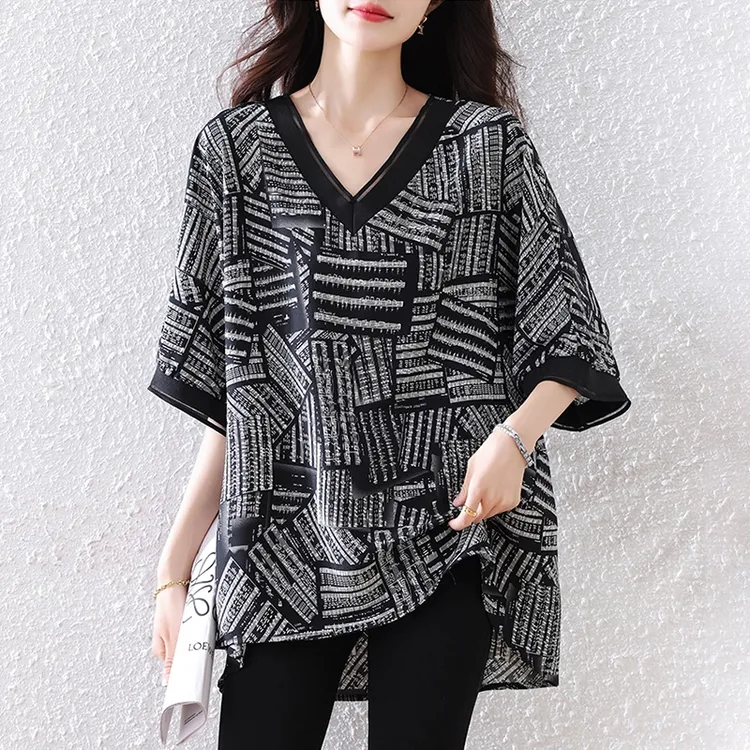 气质2025夏季新款宽松大码女装时尚遮肚子显瘦雪纺衫高级感上衣