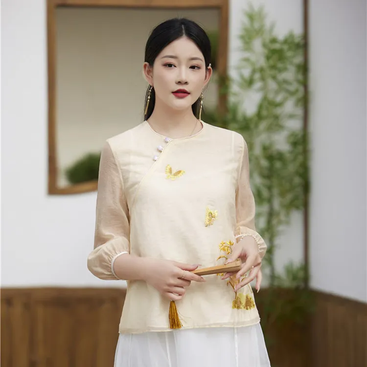 2025春夏中国风复古民族风茶服改良中式圆领新中式绣花上衣外套女