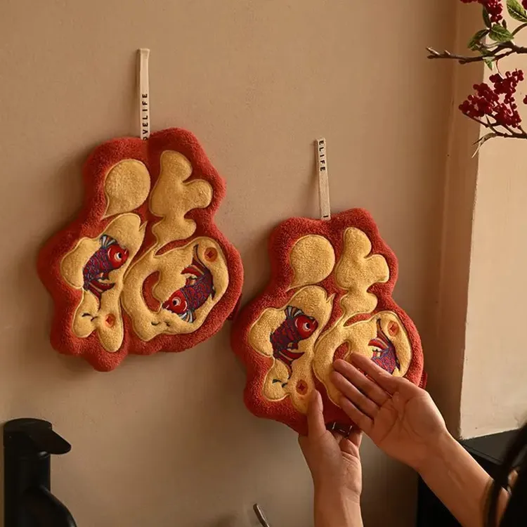 新年福字擦手巾挂式厨房专用卫生间吸水加厚速干珊瑚绒春节擦手布