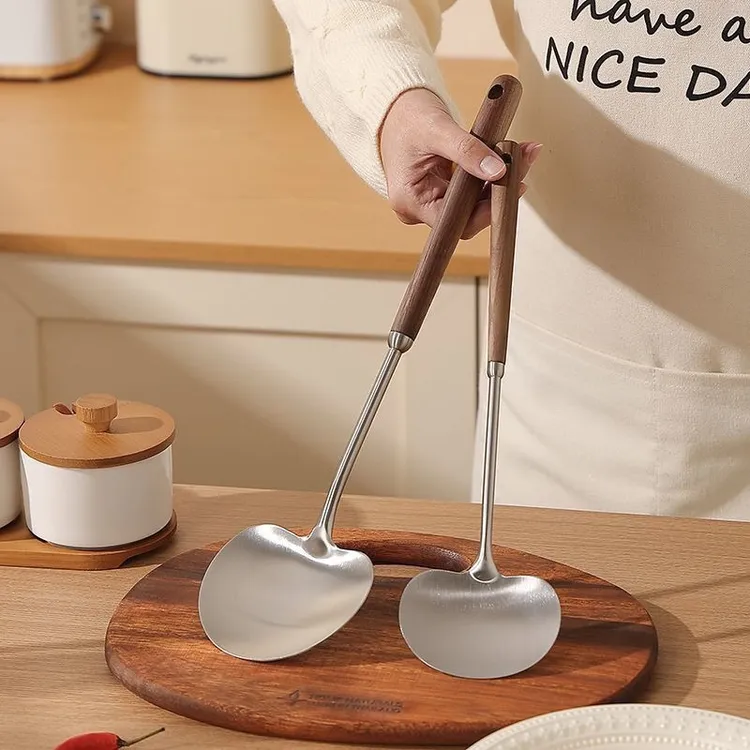 不锈钢蘑菇铲长柄炒菜勺胡桃木厨房炒汤勺古木家用厨具锅铲烹饪铲