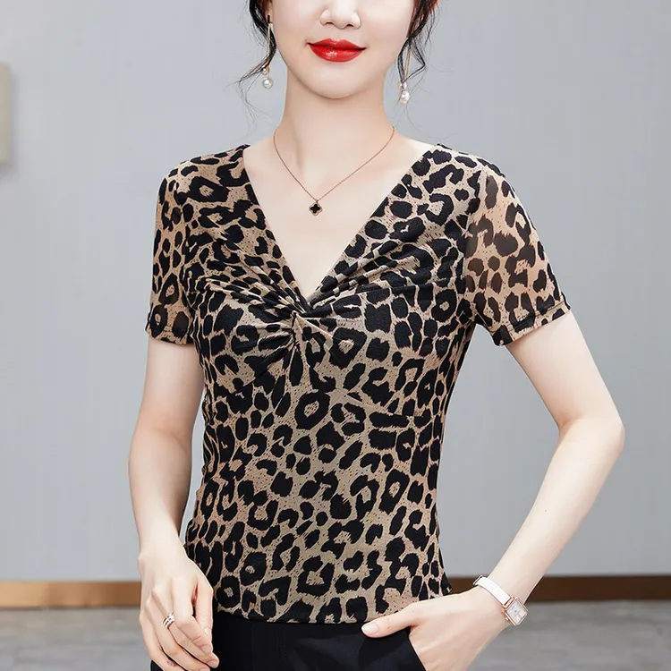 网纱修身v领T恤女2025夏款扭结领弹力短袖体恤纯色洋气小衫女上衣