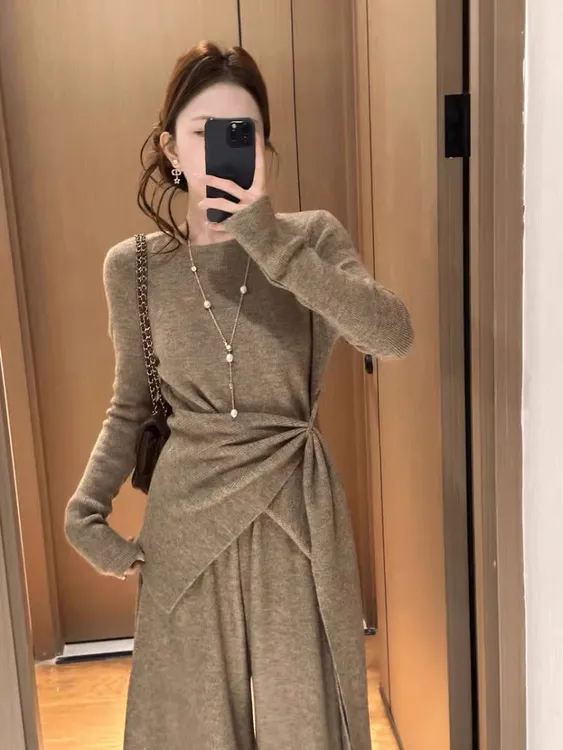 【温文尔雅】韩系深冬穿搭高级感针织衫休闲阔腿裤两件套装秋新款女