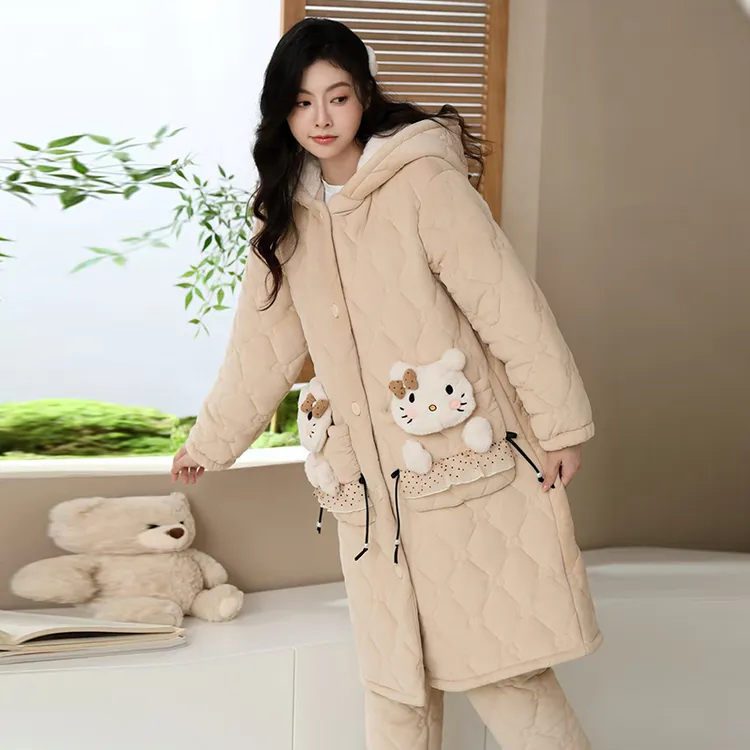睡袍女冬季连帽睡衣保暖三层夹棉加绒加厚中长款可外穿家居服套装