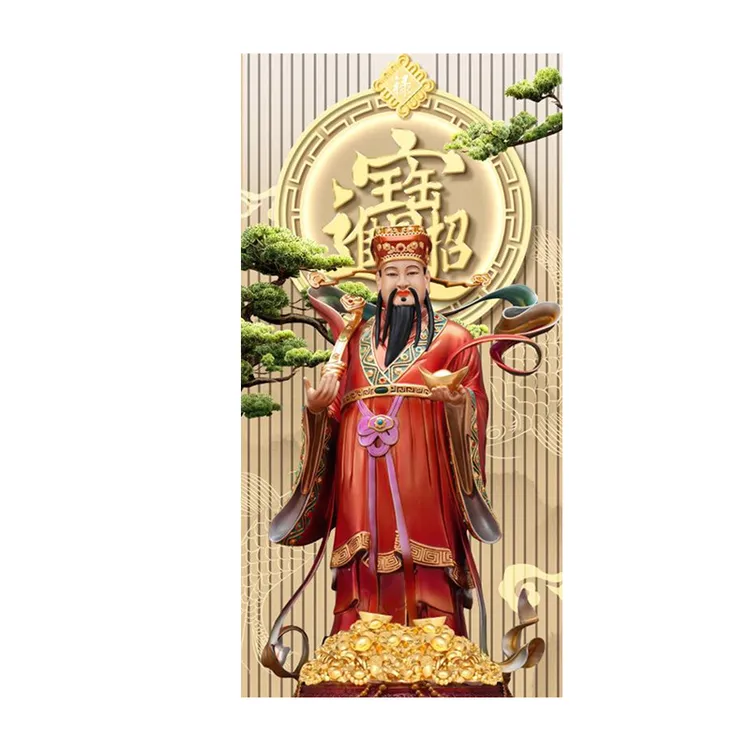 财神爷招财进宝带灯入户玄关装饰画新中式迎客松走廊过道挂画壁画